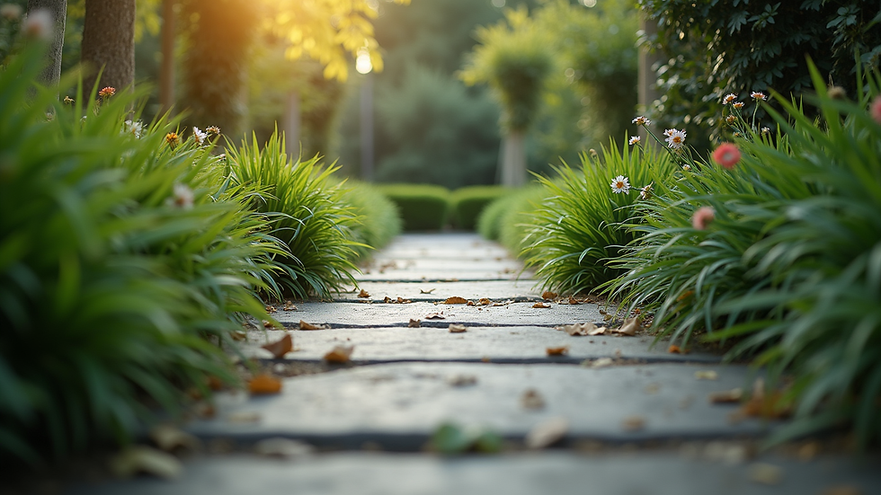 Eye-level view of a serene garden with a stone pathway