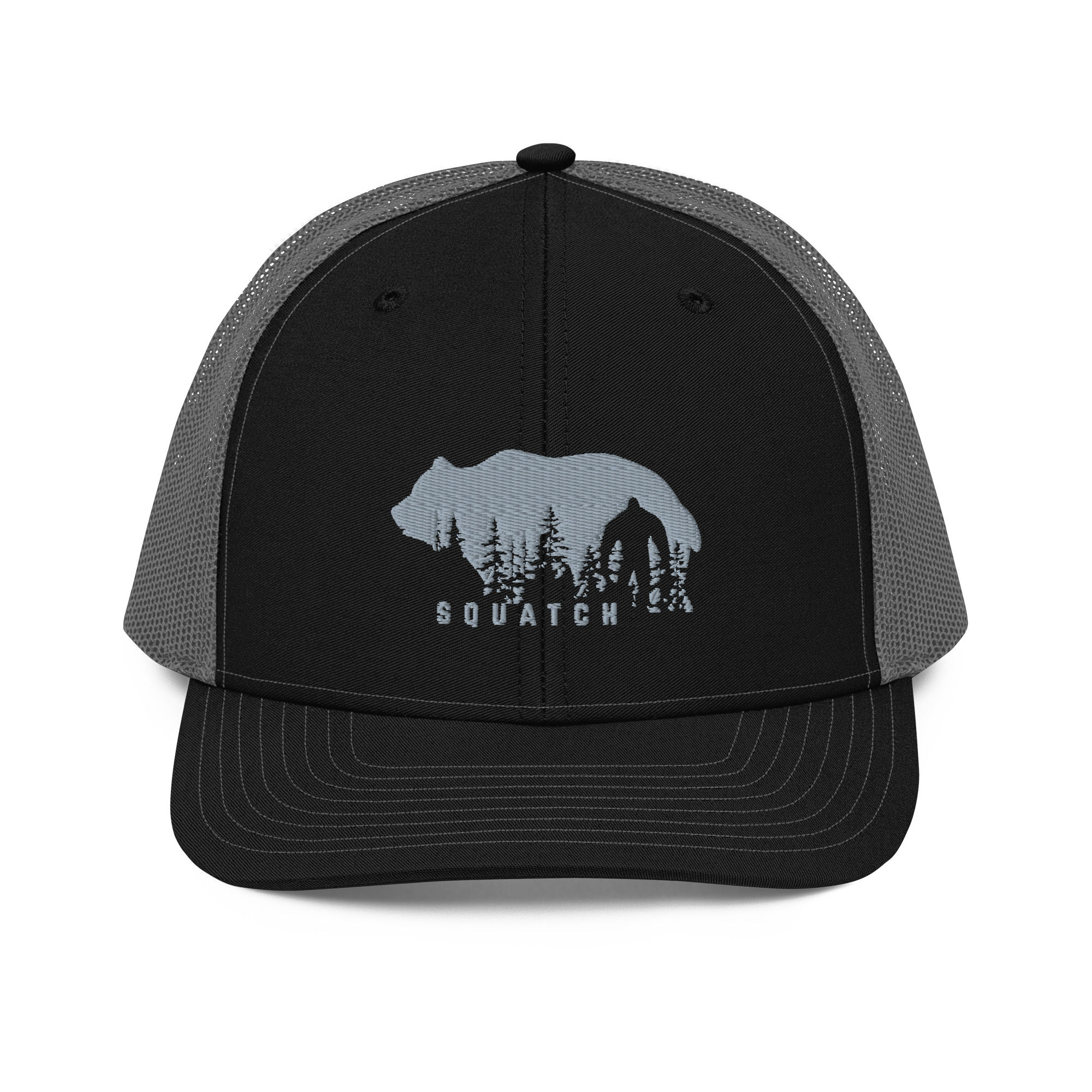 Front view of black and grey trucker hat with embroidered bear and phrase, "Squatch"