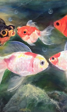 Pintura realista de peixes ornamentais coloridos nadando no laguinho Münch