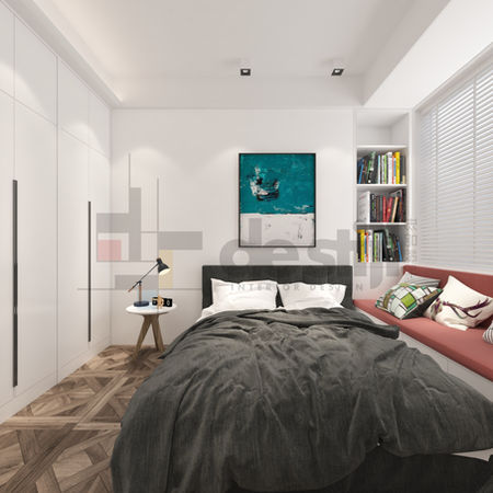 現代美式工業風格睡房室內設計，棕色原木地板與深色寢具，床頭有閱讀燈
