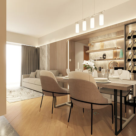 峻巒Park Yoho簡約輕奢風飯廳室內設計裝修,紅酒櫃旁有木條特色牆