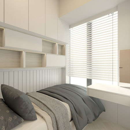 日出康城6期LP6現代簡約風格睡房室內設計，白色衣櫃及灰色寢具套裝