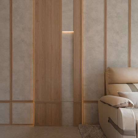 Kennedy38日式木系風家居的客廳採用大理石紋拼木紋梳化背牆特色牆