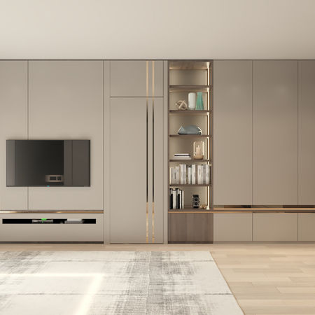 斌逸雅苑現代輕奢風格室內設計裝修,淺色隱藏式電視櫃與凹凸直紋木條特色牆