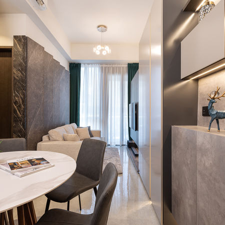 帝御星濤現代奢華室內設計，灰色大理石紋置地櫃