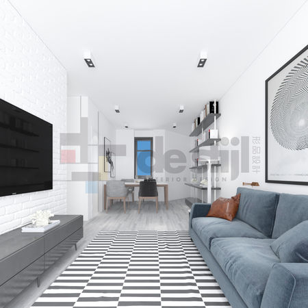 現代時尚北歐風格客廳室內設計，全白裝修加上黑白幾何圖案地毯及黑白幾何圖案掛畫
