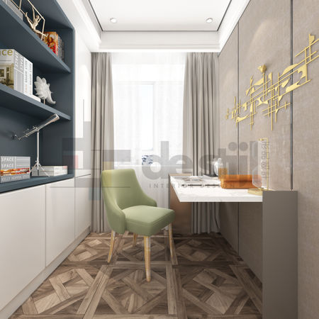 現代美式工業風格書房室內設計，棕色原木地板與青色軟墊座椅
