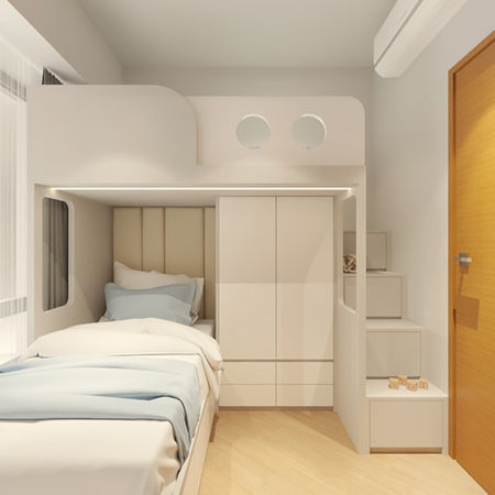 峻巒Park Yoho簡約輕奢風睡房室內設計裝修,白色雙層床有白色樓梯