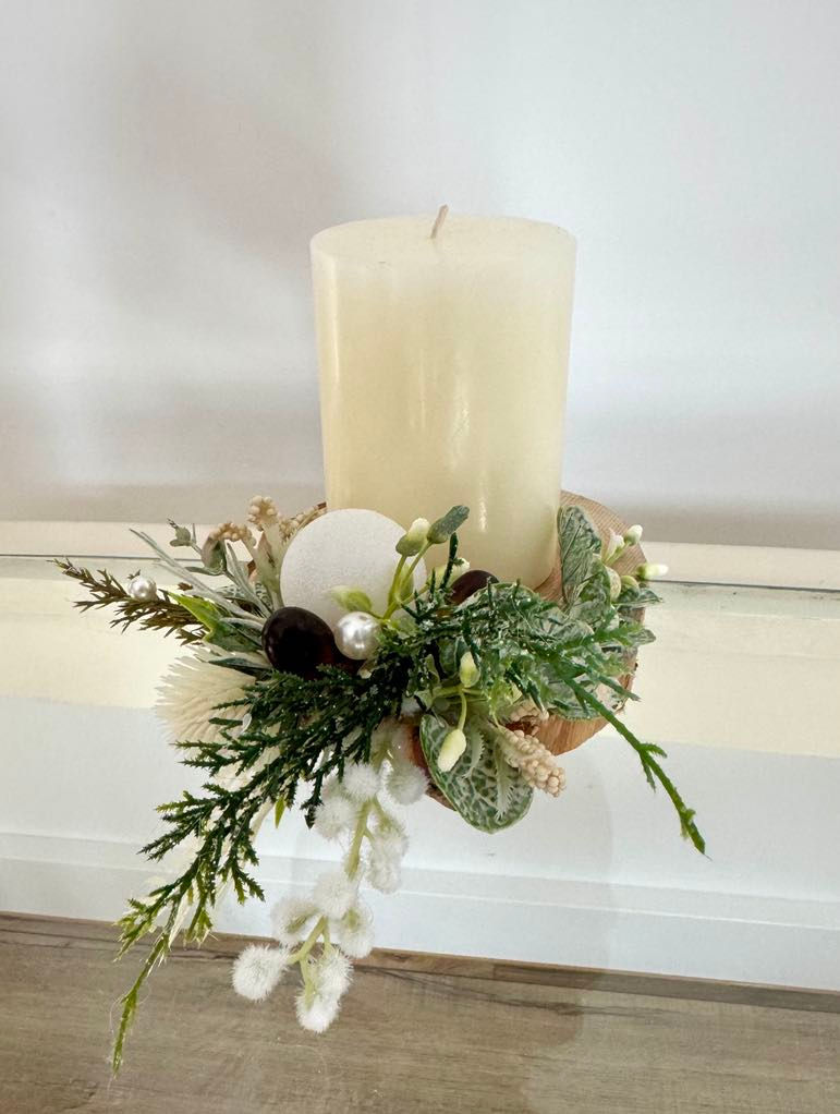 Thumbnail: White and Green Christmas Rustic wood small candle holder