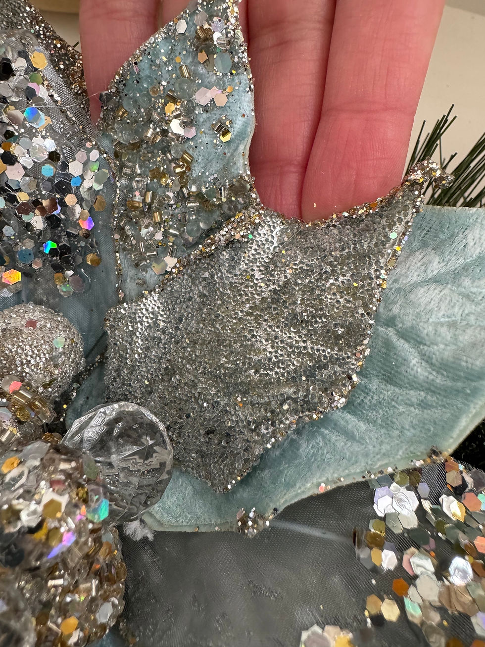 Thumbnail: Luxury Christmas poinsettia encrusted with glitter and sparkle in turquoise and silver