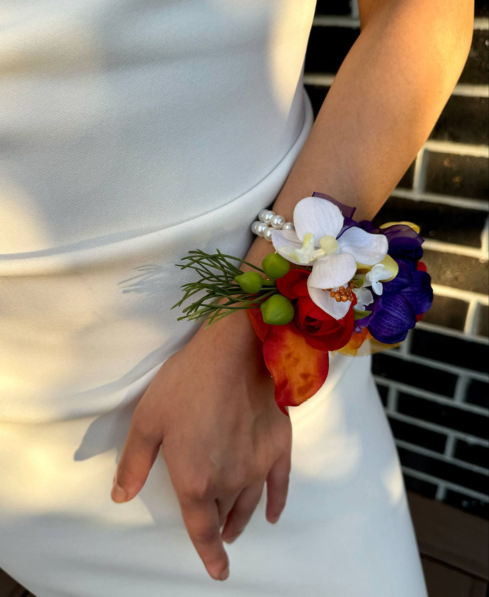 Thumbnail: Vibrant Tangerine Orange and Purple Orchid Corsage with gorgeous ribbon