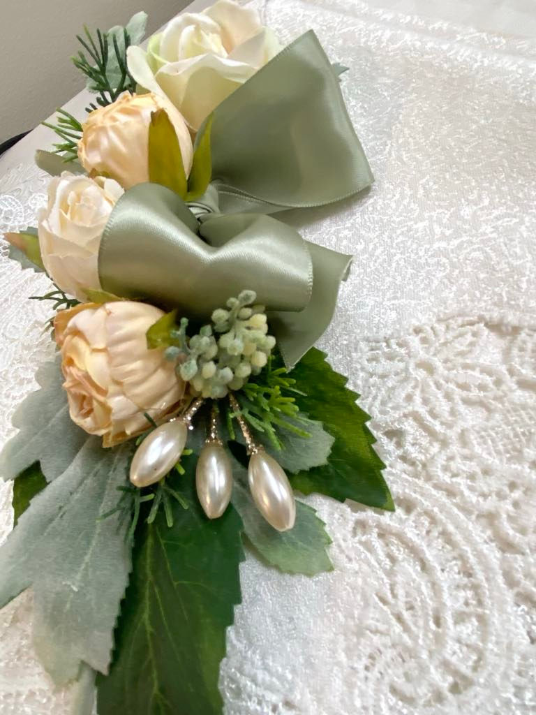Thumbnail: Cream and Beige Peony dress corsage with silver suede & olive sage green ribbon