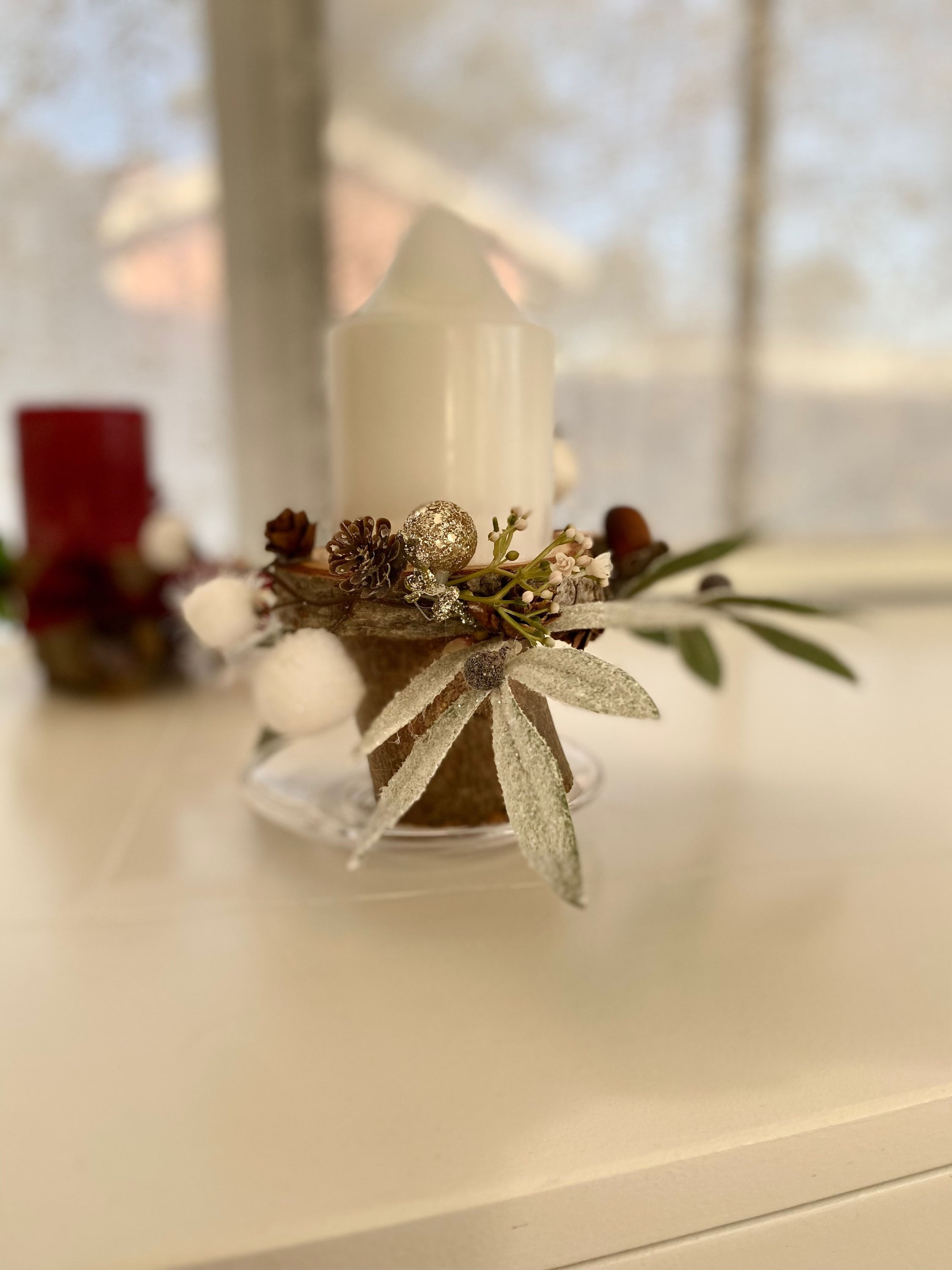 Handmade White snow wonderland single candle advent stand holder with real wood