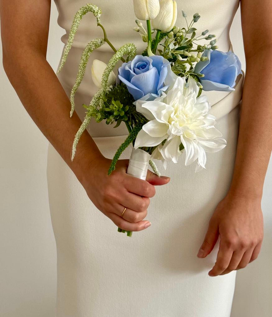Thumbnail: Petite Small Wedding Bouquet - cornflower blue & white 