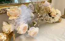 Gold protea and white rose decor with magnolia. Handmade with love - affordable luxe in Melbourne. 
No-stress wedding decor. Allergen friendly - no allergy issues as these are not real flowers - artificial silk, real-touch.
New York classic traditional luxe wedding decor. 
Old Luxe American vibes - Australian made.
Bridgerton vibes wedding style.
