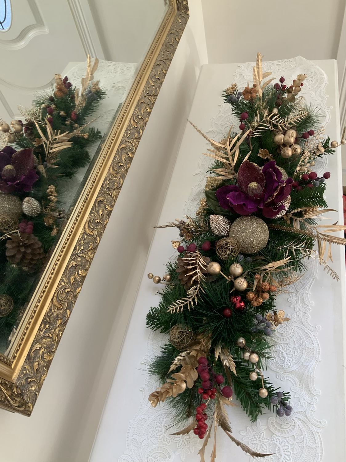 Stunning handmade Christmas centrepiece with luxe flower, stardust baubles, and gold accents.