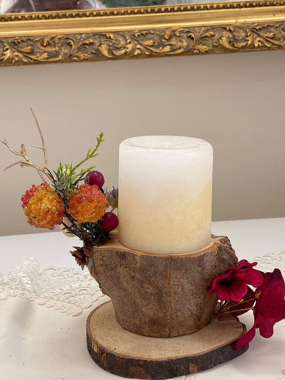 Real Australian wood Christmas stand on wooden base with crimson burgundy hydrangea, berries, and gold mini bauble