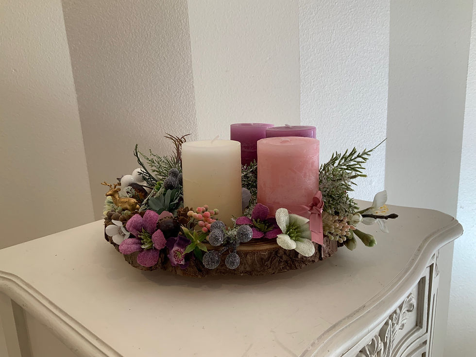 Thumbnail: Enchanted Woodland 4-candle Christmas Advent Floral piece, handmade with wood