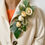 Thumbnail: Cream and Beige Peony dress corsage with silver suede & olive sage green ribbon