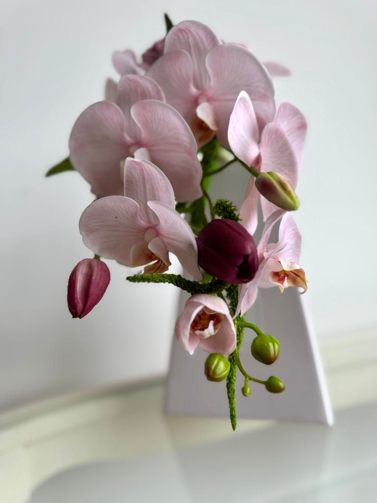 Thumbnail: Small real touch bridal bouquet with pink orchid cascade, rose and tulip.