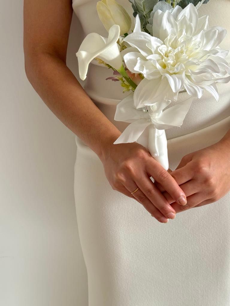 Thumbnail: Petite White Delight Wedding Bouquet - dahlia lily & tulip 