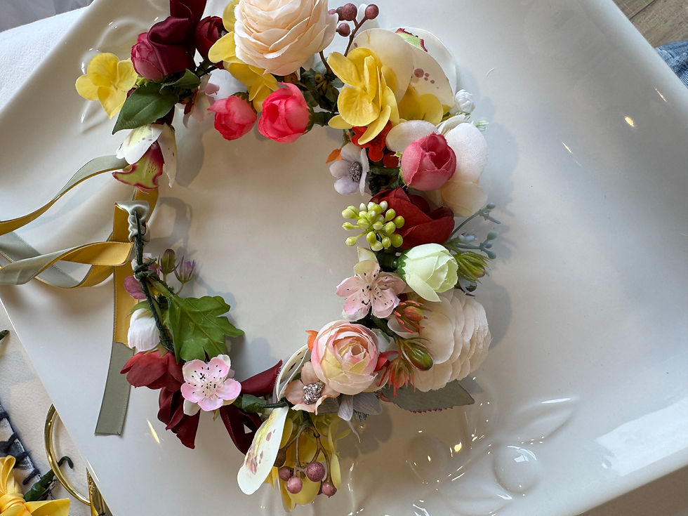Thumbnail: Artificial floral rustic colours headband with orchid and hydrangea in burgundy and yellow on white surface