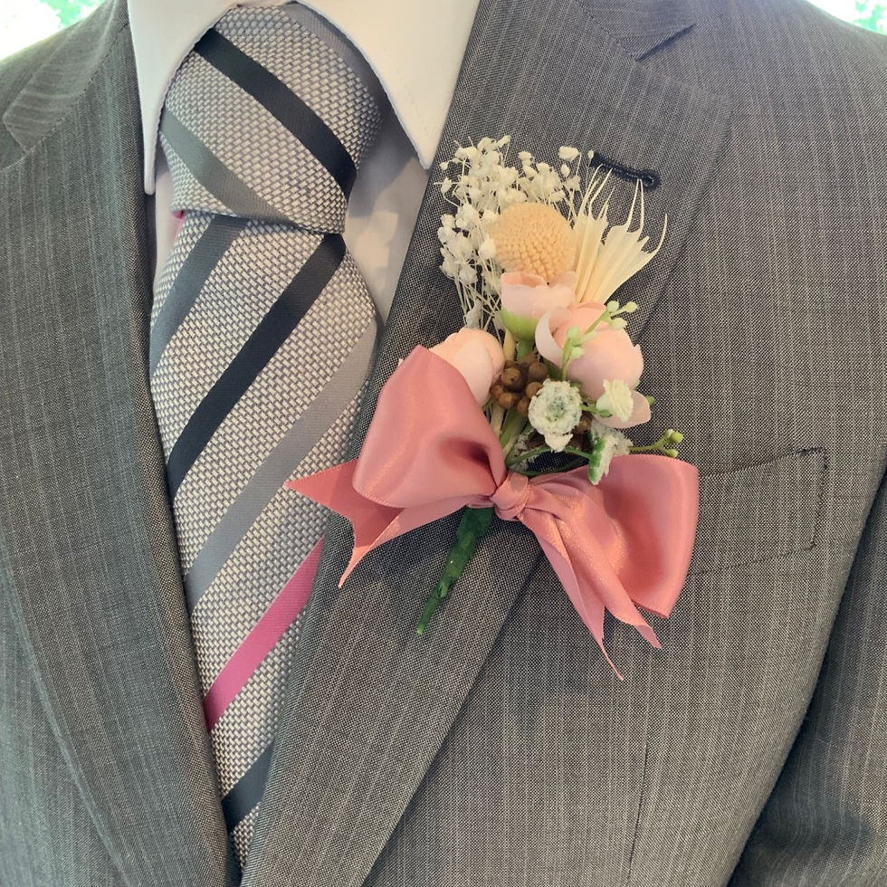Thumbnail: Boutonniere with light pink peonies, dried accents, and pink silky satin bow