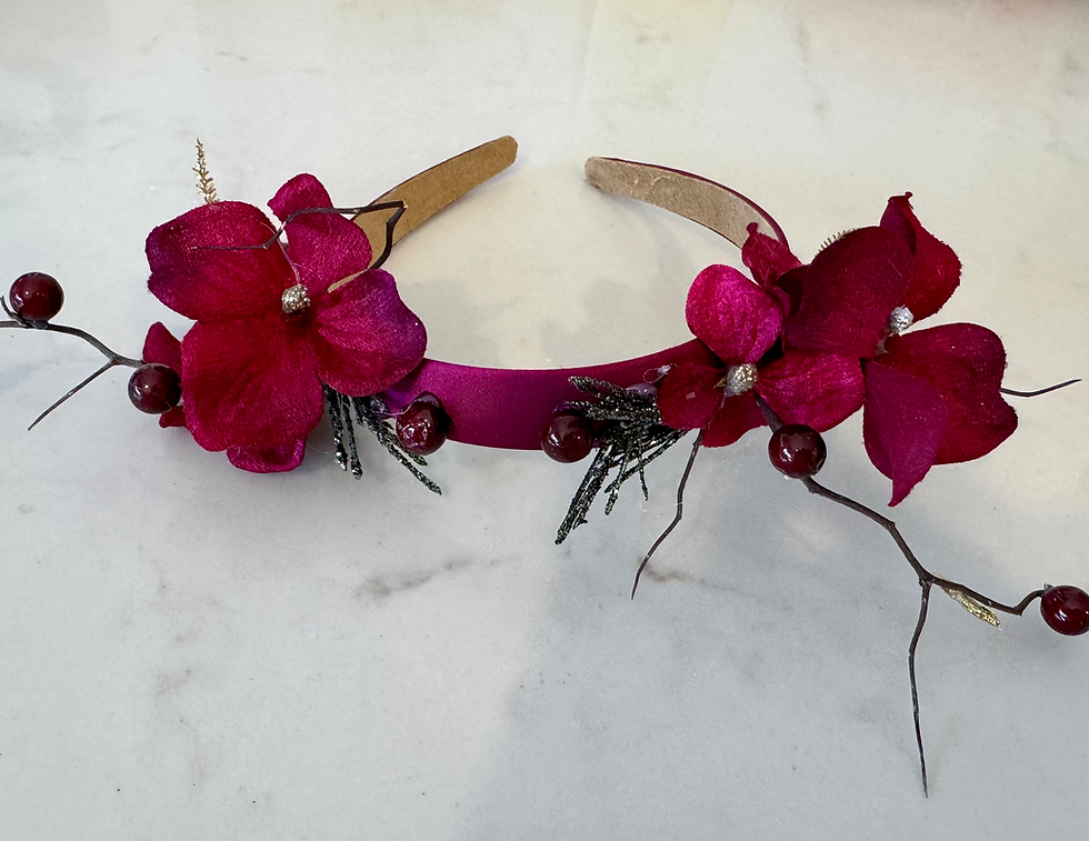 Thumbnail: Handmade Christmas Antler Headband - burgndy berry, poinsettia and gold twig