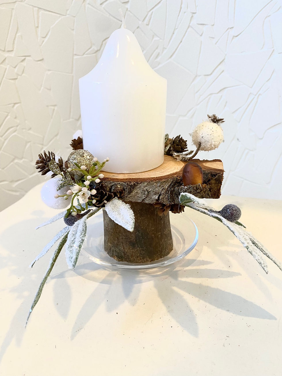Thumbnail: Handmade White snow wonderland single candle advent stand holder with real wood