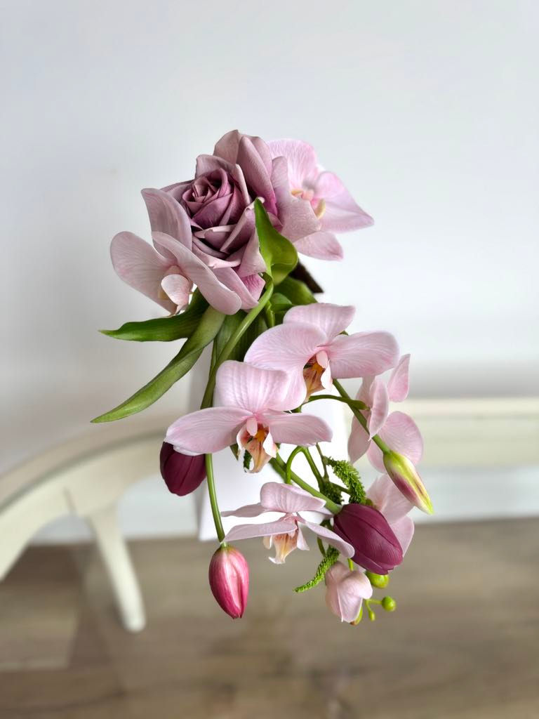 Thumbnail: Small real touch bridal bouquet with pink orchid cascade, rose and tulip.