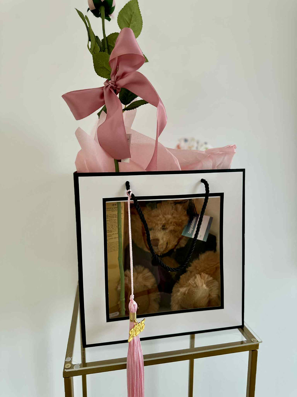 Thumbnail: Graduation ceremony gift - bag containing teddy bear with cap, artificial rose flower with bow, Lindt chocolate box