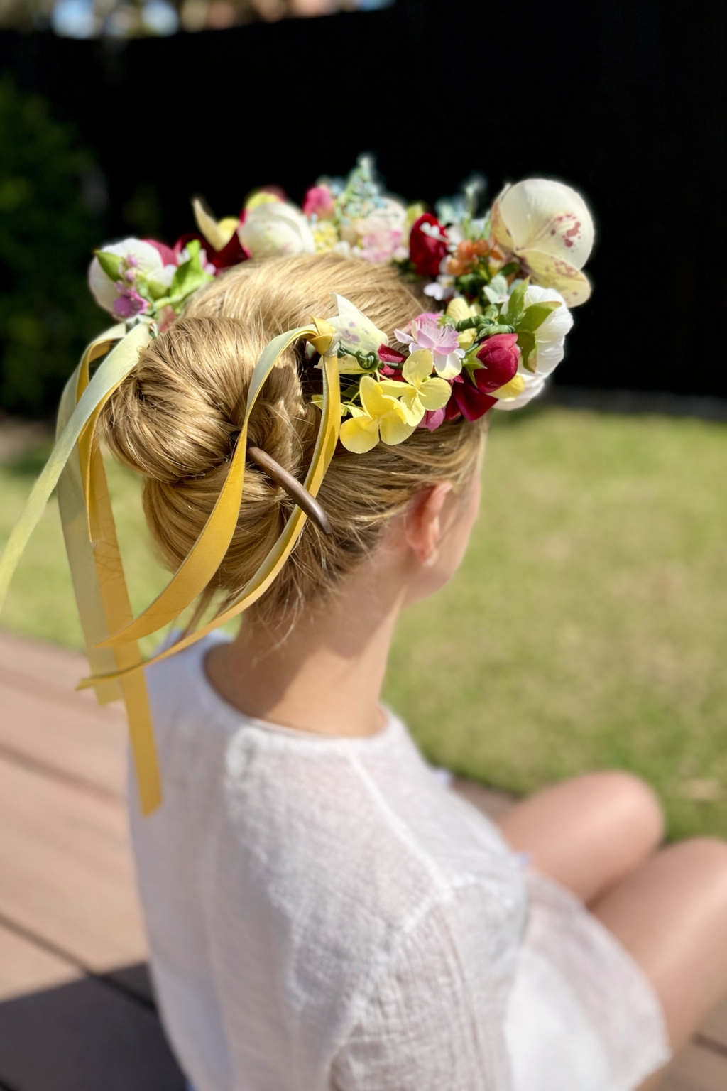 Rustic Floral Head Garland in native burgundy hues with orchid and hydrangea