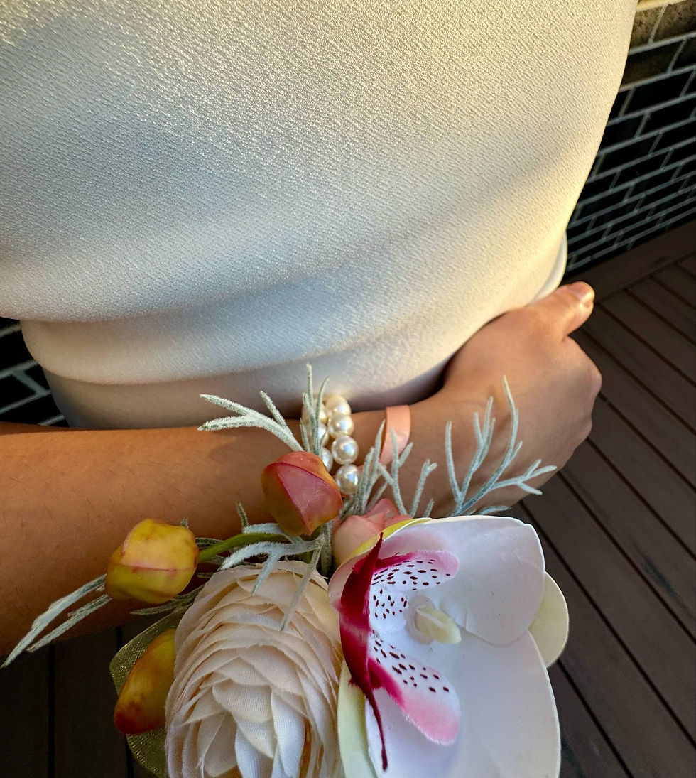 Thumbnail: Peach Ivory Corsage - white orchid, cream ranunculus, orchid buds, peach dahlia