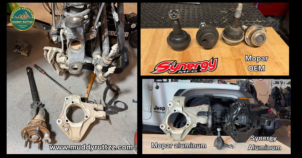Collage of Jeep suspension knuckle parts and ball joints, comparing Mopar OEM and Synergy aluminum on a workshop bench.