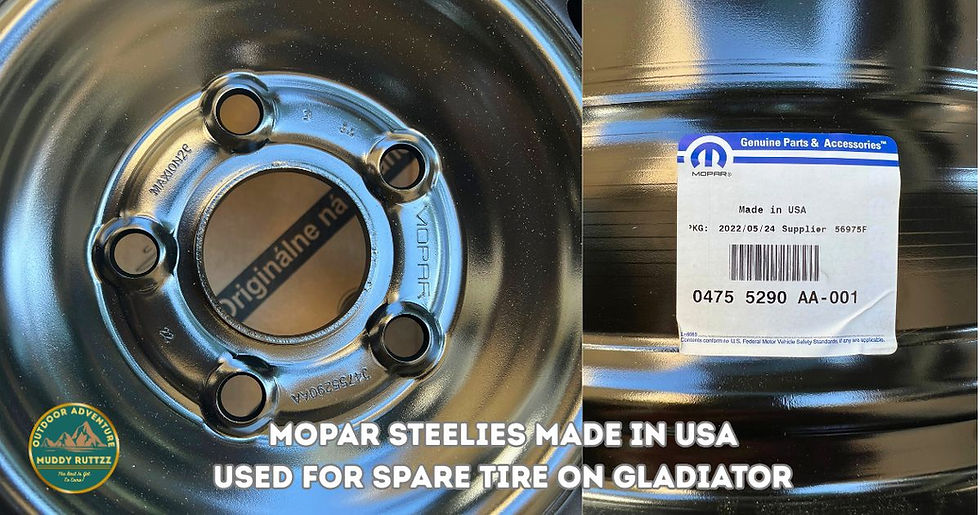 Close-up of Mopar steel wheel with a label stating "Made in USA." Text reads: "Mopar Steelies made in USA, used for spare tire on Gladiator."