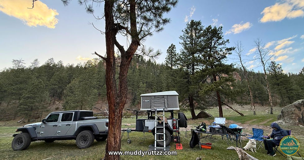 Truck and rooftop tent setup in a forested campsite at sunset. Camping chairs, a table, and a small dog are nearby. URL: www.muddyruttzz.com.