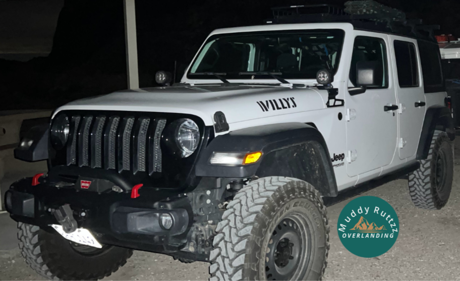 picuture of jeep at night showing front grill, steel bumber and winch that I installed