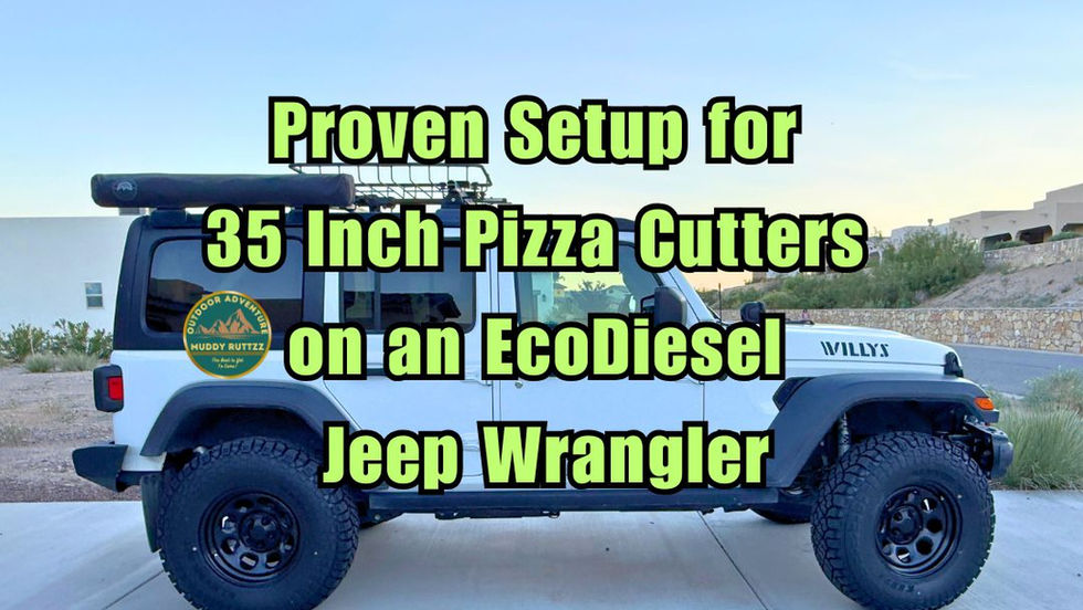 White Jeep Wrangler with houses in the background text reads Proven Setup for 35 Inch Pizza Cutters on an Ecodiesel Jeep Wrangler