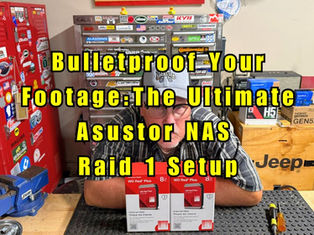 Man leaning over boxes containng hard drives at a bench in a garage text reads bulletproof your footage: The Ultimate Asustor NAS Raid 1 Setup.