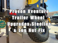 Steel wheel and tire leaning against xventure xv3 trailer text proven xventure trailer wheel upgrades steelies & lug nut fix.