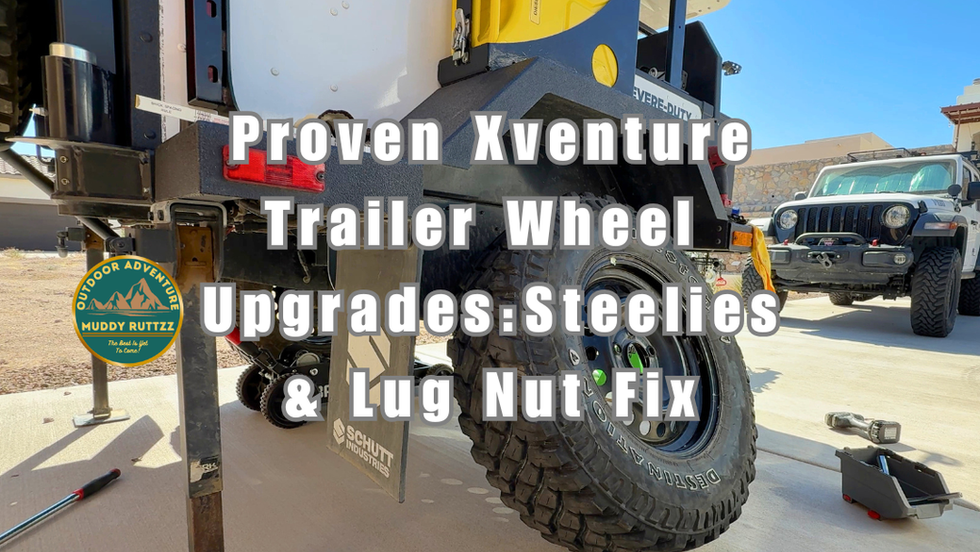 Steel wheel and tire leaning against xventure xv3 trailer text proven xventure trailer wheel upgrades steelies & lug nut fix.