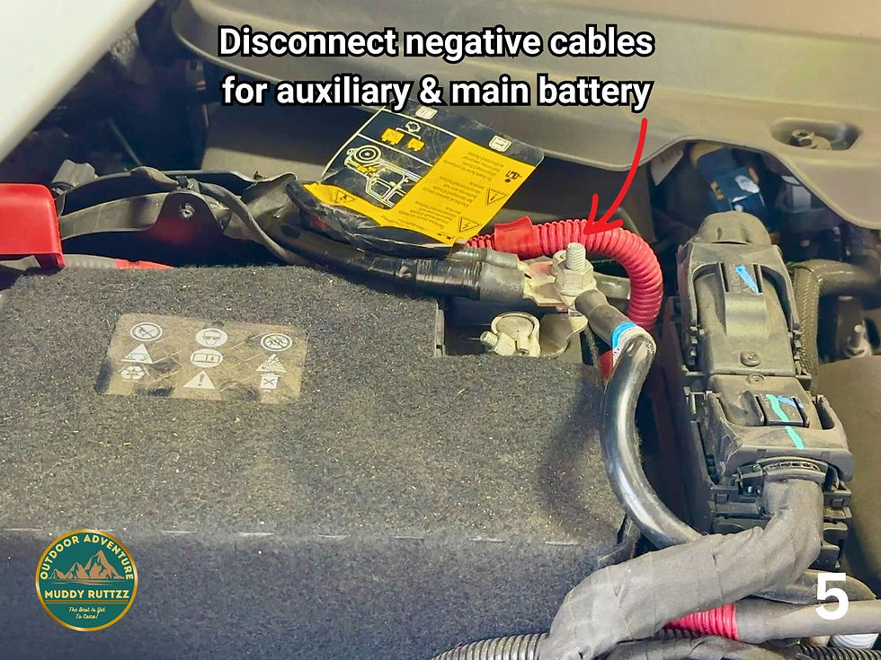 Car engine with red battery cables; text instructs to disconnect negative cables for auxiliary and main battery. Number 5 visible.