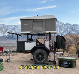 Autohome Maggiolina in raised position mounted on Exventure XV-3 trailer. Whitney Range of mountains is in the background looking from Alabama Hills.