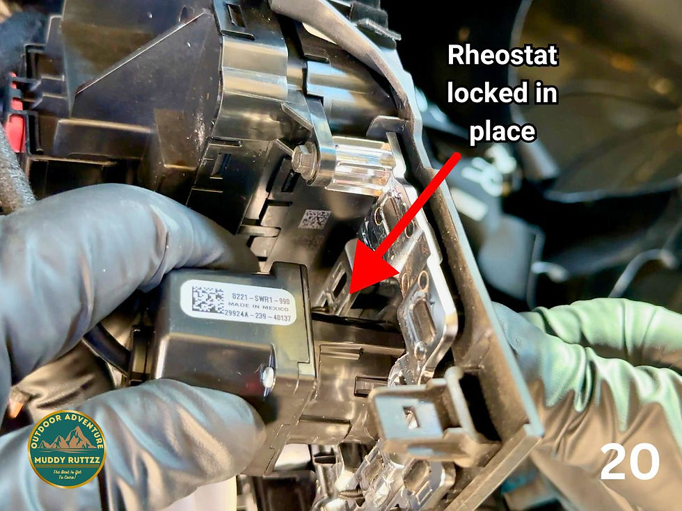 Gloved hand adjusting a rheostat in a vehicle, with a red arrow pointing to it. Text reads "Rheostat locked in place." Logo and "20" visible.