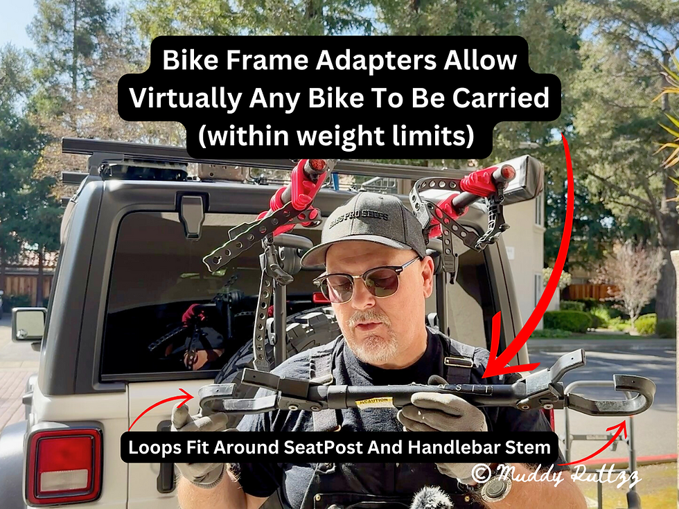 man holding a bike frame adapter. He is standing with a Jeep behind him. There is a bike rack mounted on the spare tire of the the Jeep