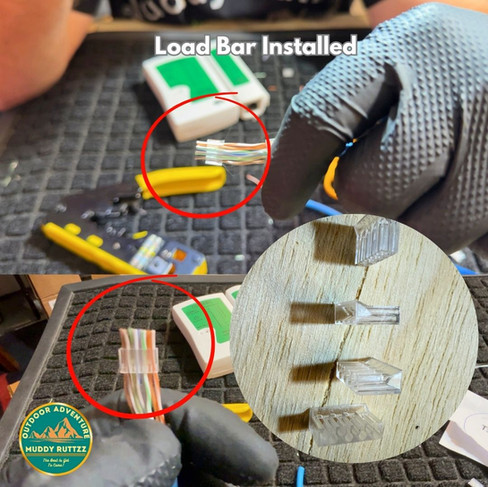 Sliding individual wires through the 8-pin loading bar for 3-piece RJ45 connectors.