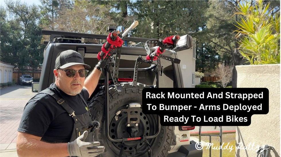 Man Standing behind Jeep Wrangler with hand on Malone Bike Rack explaining its operation.ion