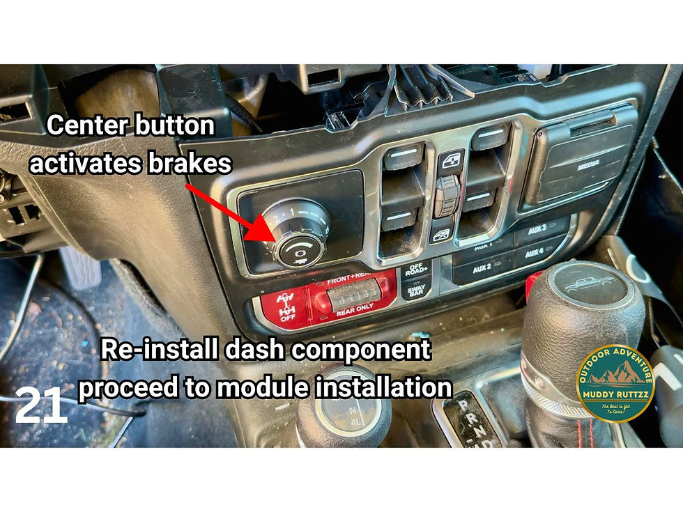 Car dashboard close-up with labeled center button for brakes. Text reads "Re-install dash component, proceed to module installation".