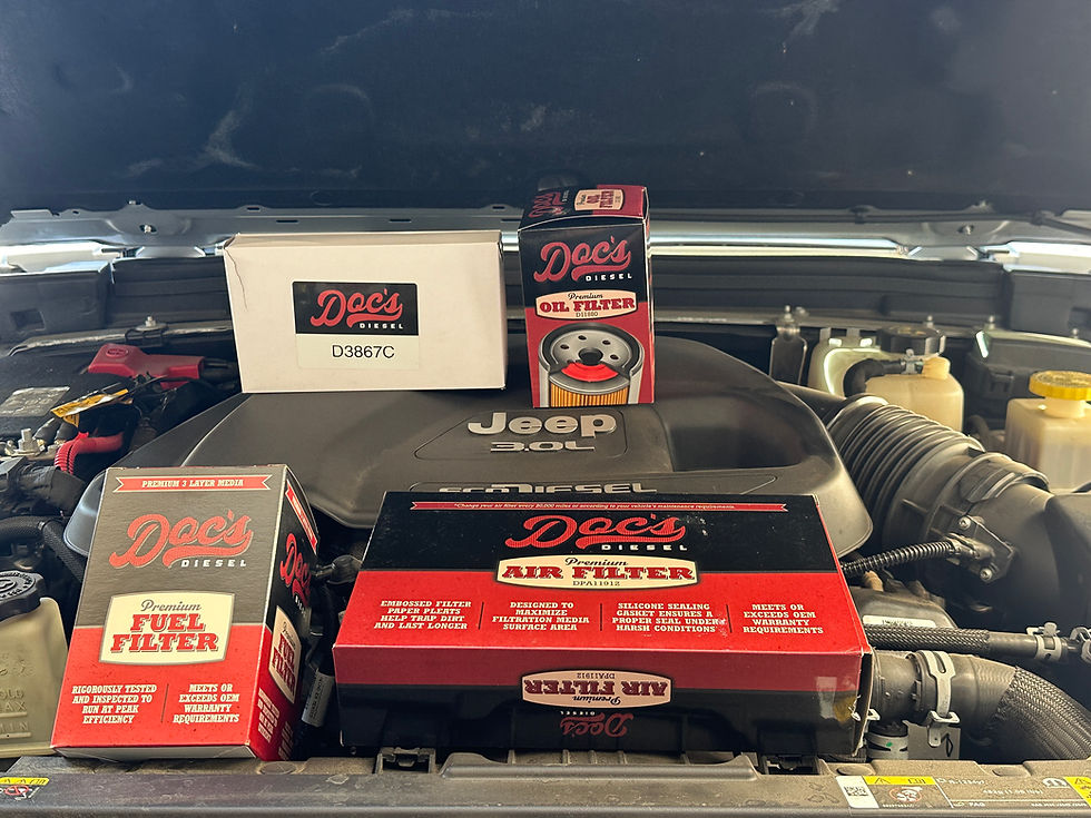 Doc's Filters sitting in the engine bay of a Jeep Gladiator ecoDiesel.