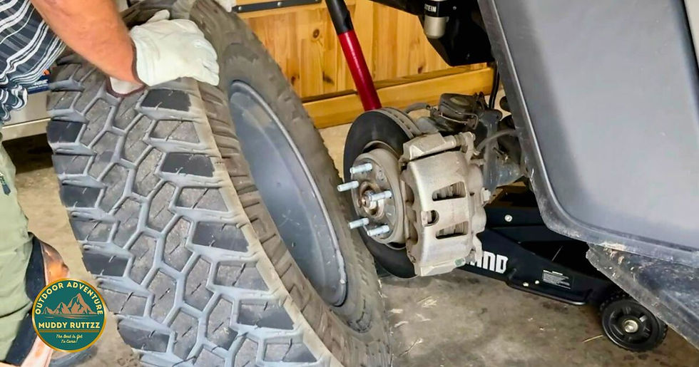 Man with gloves removing a large tire in a garage. Wooden wall background. "Muddy Ruttzz" logo visible on the image corner. Brake Rotor visible.